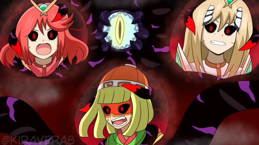 alternate_eye_color angry arms_(game) beanie black_sclera blonde_hair colored_sclera corruption crossover dark_persona dharkon glowing glowing_eyes hal_laboratory hat highres kiravera8 long_hair looking_at_viewer monolith_soft nintendo open_mouth possessed red_eyes red_hair short_hair slit_pupils super_smash_bros. tentacles veins watermark xeno_(series) xenoblade_chronicles_(series) xenoblade_chronicles_2