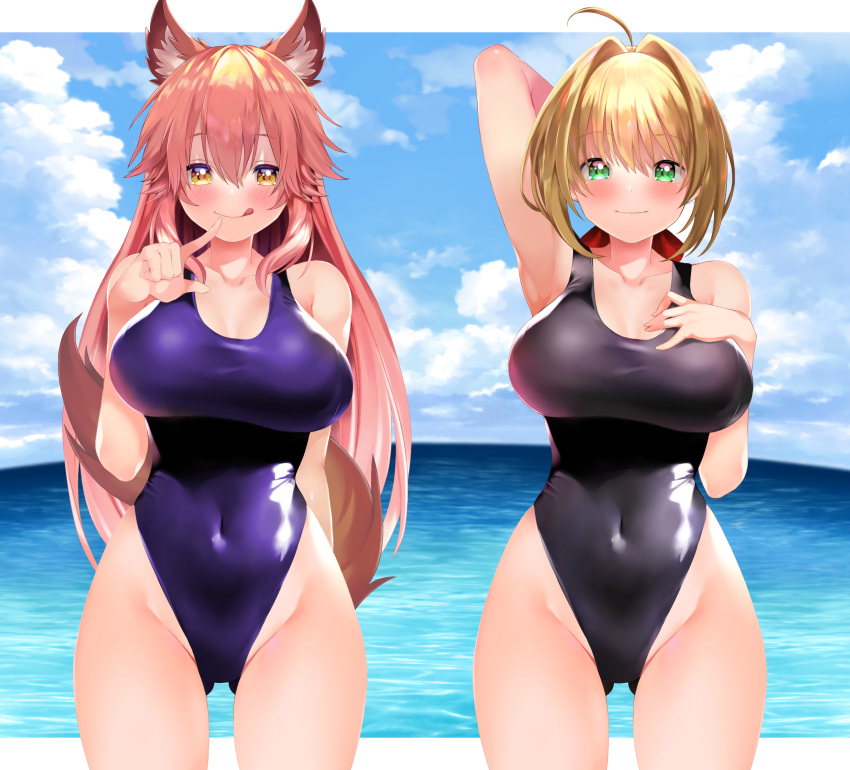 2girls ahoge animal_ear_fluff animal_ears bangs bare_shoulders blonde_hair blush breasts cleavage collarbone covered_navel fate/extra fate_(series) fox_ears fox_girl fox_tail green_eyes hair_between_eyes hair_intakes hair_ribbon highleg highleg_swimsuit highres large_breasts long_hair looking_at_viewer multiple_girls nero_claudius_(fate) nero_claudius_(fate)_(all) one-piece_swimsuit pink_hair red_ribbon ribbon sabi_(rupf2384) sidelocks smile swimsuit tail tamamo_(fate)_(all) tamamo_no_mae_(fate) thighs yellow_eyes