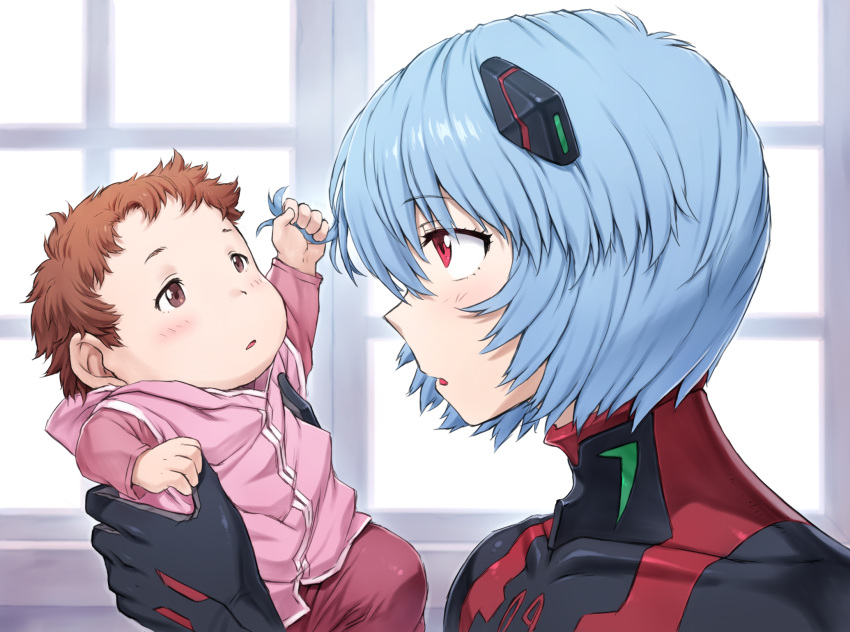 2girls ayanami_rei baby black_bodysuit blue_hair bodysuit brown_hair close-up evangelion:_3.0+1.0_thrice_upon_a_time eyebrows_visible_through_hair grabbing_another's_hair hairpods highres holding_baby hood hoodie interface_headset mogudan multicolored multicolored_bodysuit multicolored_clothes multiple_girls neon_genesis_evangelion pilot_suit pink_hoodie plugsuit rebuild_of_evangelion red_bodysuit red_eyes short_hair window