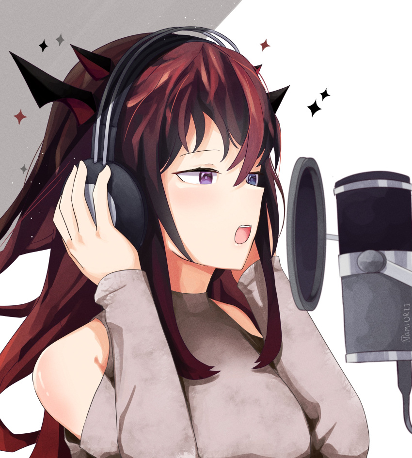 1girl absurdres bare_shoulders blue_eyes commentary hands_on_headphones headphones heterochromia highres hololive hololive_english irys_(hololive) microphone namii_(namialus_m) open_mouth purple_eyes purple_hair studio_microphone symbol_commentary upper_teeth virtual_youtuber