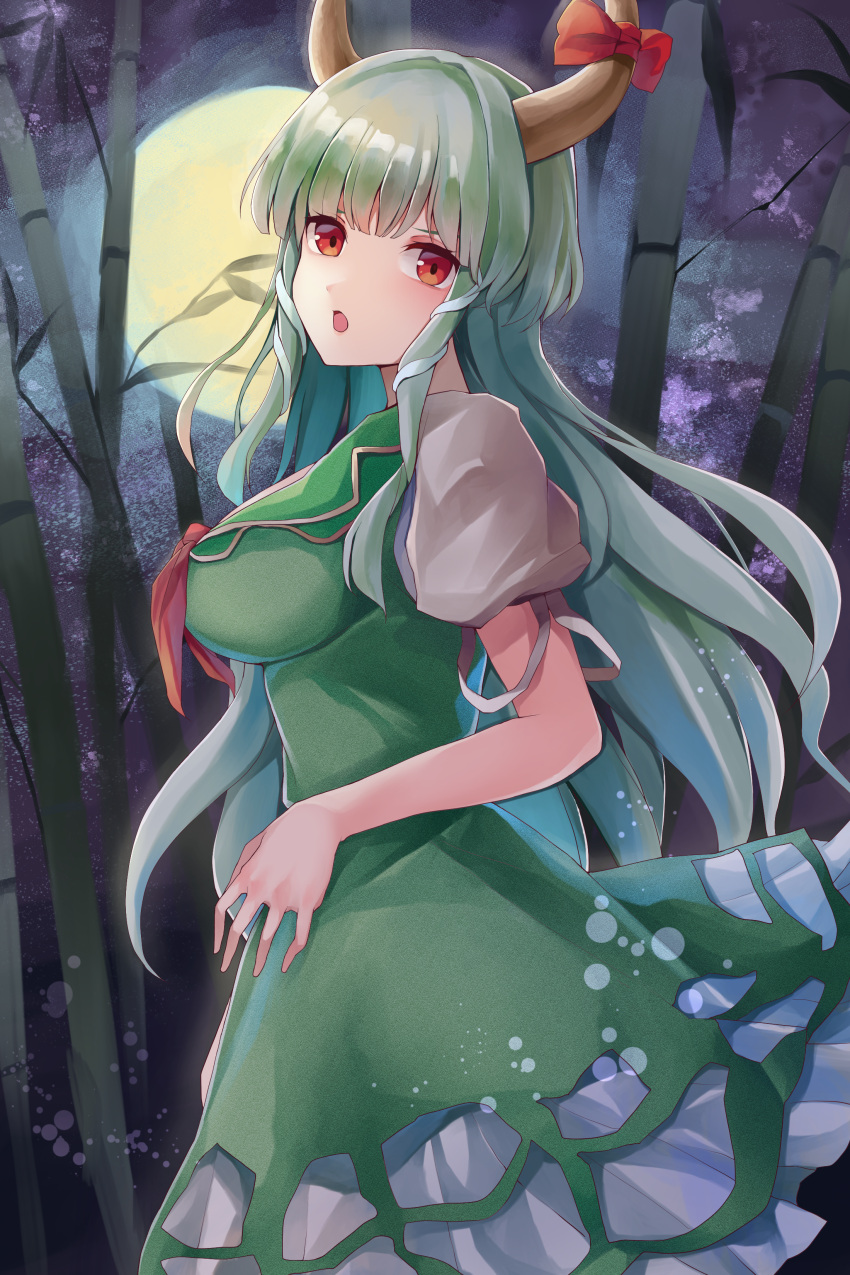 1girl absurdres bamboo bamboo_forest bangs bow breasts dress ex-keine eyebrows_visible_through_hair forest from_side full_moon green_dress green_eyes green_hair highres horn_bow horn_ornament horns huge_filesize kamishirasawa_keine koizumo large_breasts long_hair looking_at_viewer moon nature night open_mouth outdoors puffy_short_sleeves puffy_sleeves red_bow red_eyes short_sleeves solo standing touhou