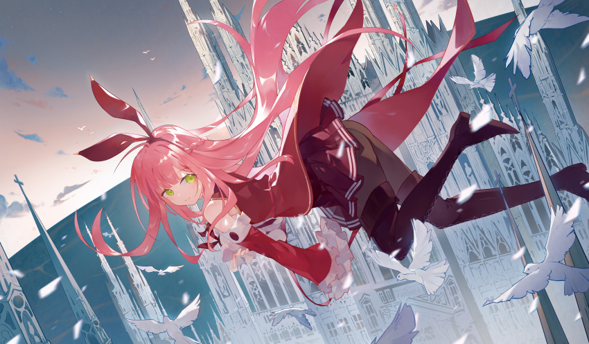 1girl absurdres amari animal arcaea bird boots castle character_request detached_sleeves dove from_side green_eyes highres horizon huge_filesize long_hair looking_at_viewer midair pantyhose pink_hair red_skirt red_sleeves scenery shoe_soles skirt smile solo thigh_boots thighhighs