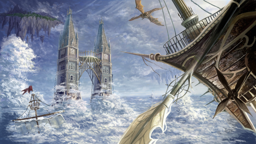 absurdres aircraft airship building cloud crow's_nest day dragon fantasy flag floating_island highres huge_filesize mast no_humans oar original outdoors regu_(7lava) sail scenery ship tower watercraft