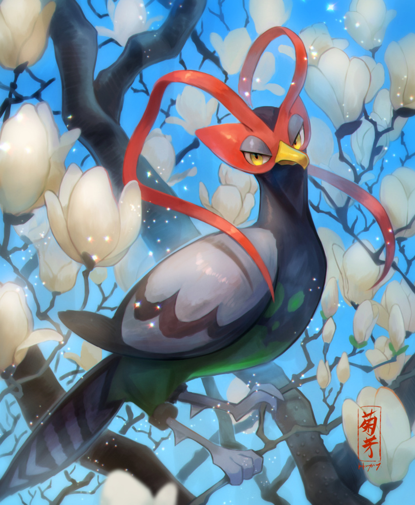 bird closed_mouth commentary_request day flower gen_5_pokemon highres kikuyoshi_(tracco) looking_at_viewer looking_to_the_side no_humans outdoors pokemon pokemon_(creature) solo standing talons tree_branch unfezant white_flower yellow_eyes