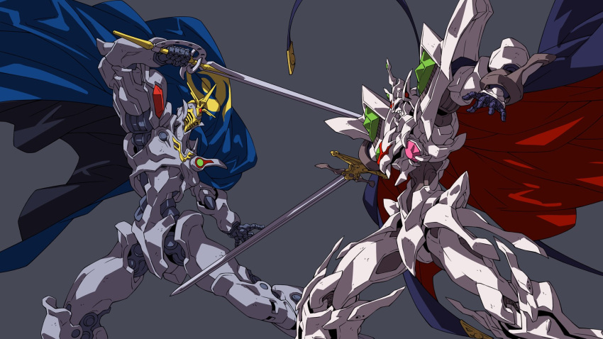 babamba cape escaflowne fantasy floating_cape grey_background highres holding holding_sword holding_weapon korean_commentary mecha no_humans open_hand scherazade sword tenkuu_no_escaflowne v-fin weapon