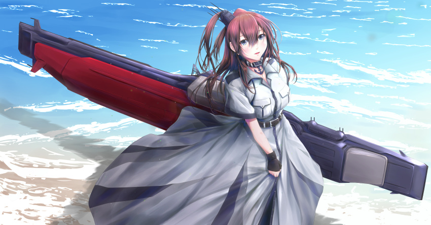 1girl absurdres anchor belt black_belt breast_pocket breasts brown_hair dress fingerless_gloves flight_deck gloves grey_eyes hair_between_eyes highres huge_filesize incredibly_absurdres junk_life kantai_collection large_breasts pocket ponytail saratoga_(kancolle) side_ponytail sidelocks smokestack_hair_ornament solo standing white_dress