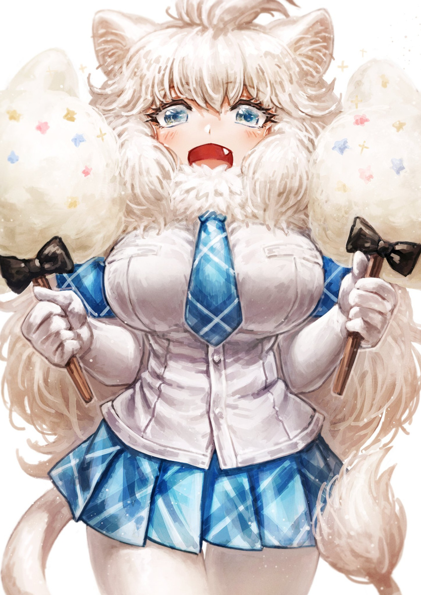 1girl animal_ears big_hair blue_eyes blue_neckwear blue_skirt blush commentary_request cotton_candy cowboy_shot elbow_gloves eyebrows_visible_through_hair fang gloves highres kemono_friends lain lion_ears lion_girl lion_tail long_hair looking_at_viewer necktie open_mouth pantyhose plaid plaid_neckwear plaid_skirt plaid_trim pleated_skirt shirt short_sleeves skirt solo t-shirt tail white_gloves white_hair white_legwear white_lion_(kemono_friends) white_shirt