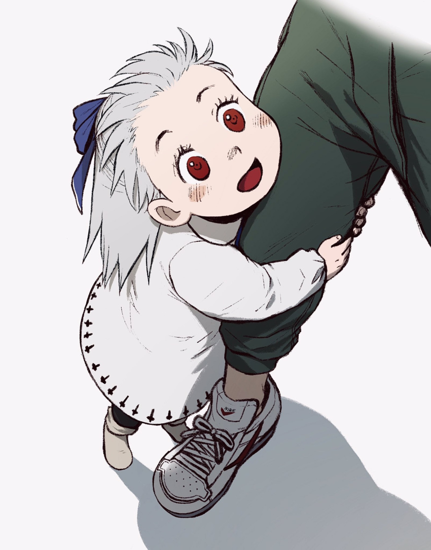 1boy 1girl blue_ribbon blush character_request child commentary_request dorohedoro dress from_above green_pants grey_background grey_hair grey_legwear hair_ribbon highres long_hair nike noi_(dorohedoro) open_mouth pants red_eyes ribbon shadow shoes simple_background smile sneakers socks uei_(uei73661268) white_dress white_footwear younger