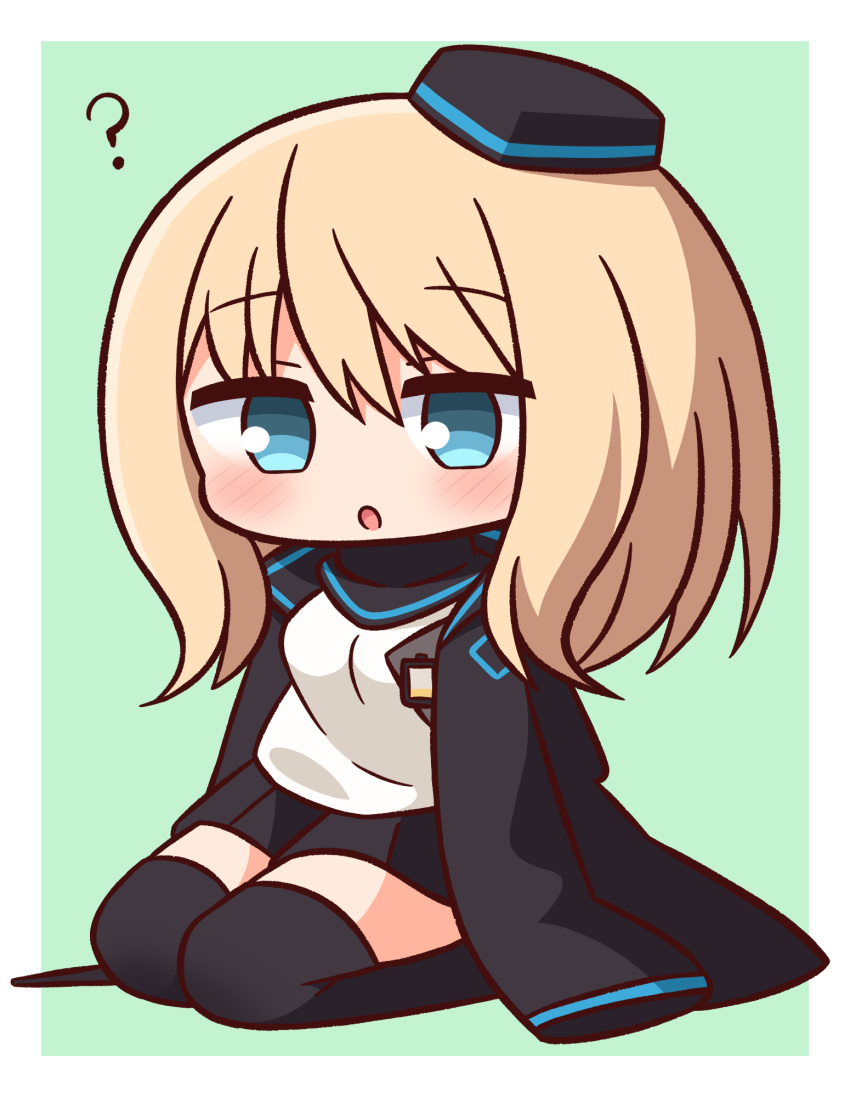 1girl :o ? arknights bangs black_headwear black_jacket black_legwear black_skirt blonde_hair blue_eyes blush breasts chibi commentary_request durin_(arknights) eyebrows_visible_through_hair full_body garrod_ran green_background hair_between_eyes hana_kazari highres jacket long_hair long_sleeves looking_at_viewer open_clothes open_jacket parted_lips pleated_skirt seiza shadow shirt sitting skirt sleeves_past_fingers sleeves_past_wrists small_breasts solo thighhighs two-tone_background white_background white_shirt