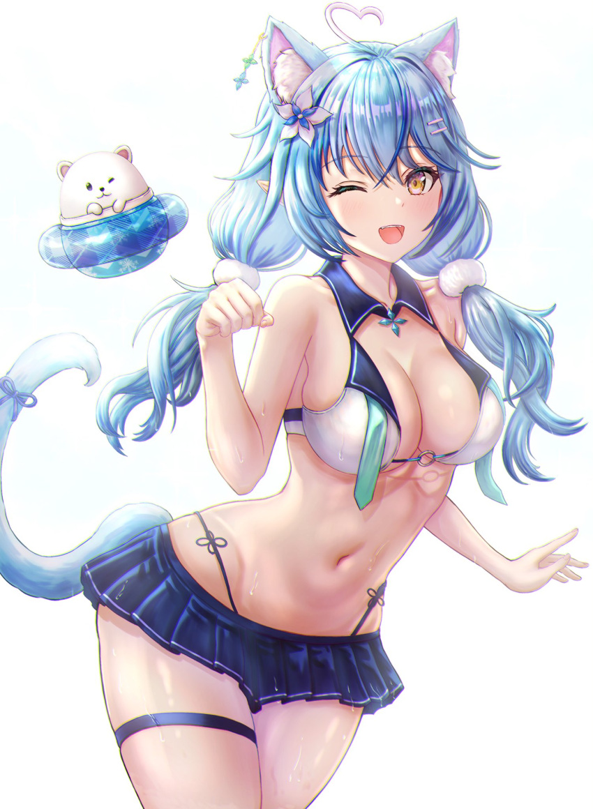 1girl ahoge alternate_costume alternate_hairstyle animal_ears bangs bear bikini_skirt blue_hair blue_ribbon blue_sky breasts cat_ears cat_tail cleavage cloud cowboy_shot daifuku_(yukihana_lamy) day eyebrows_visible_through_hair fangs flower hair_between_eyes hair_flower hair_ornament hair_scrunchie hairpin highres hololive innertube large_breasts miniskirt multicolored_hair navel o-ring o-ring_top one_eye_closed paw_pose pointy_ears polar_bear ribbon scrunchie simple_background skirt sky sparkle splashing stomach streaked_hair sunlight swimsuit tail thigh_strap thighs twintails virtual_youtuber wading wajuniorbox water water_drop yellow_eyes yukihana_lamy