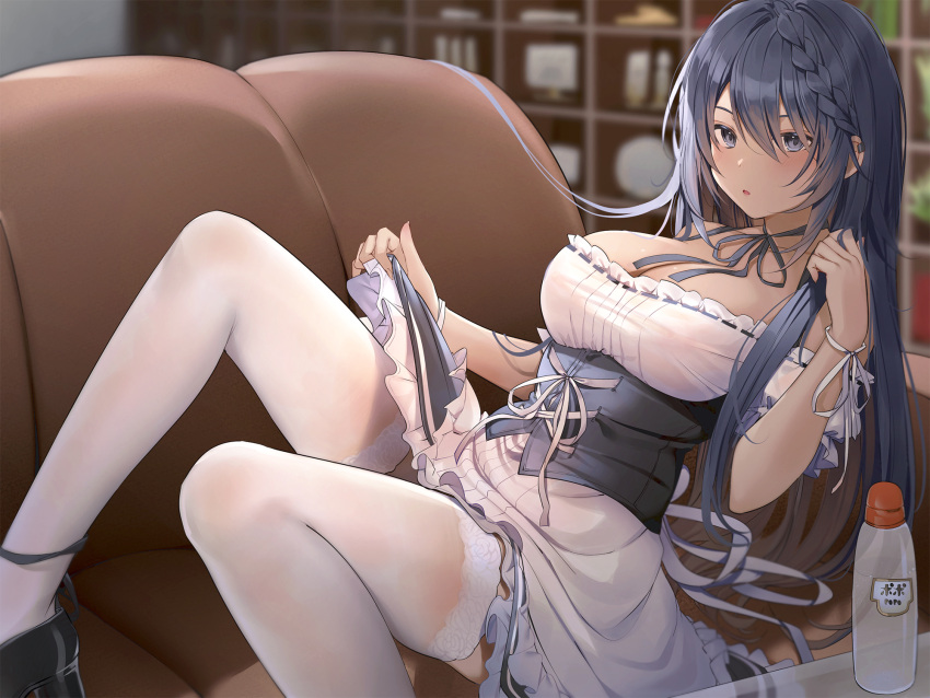 braids couch long_hair maid original thighhighs xretakex