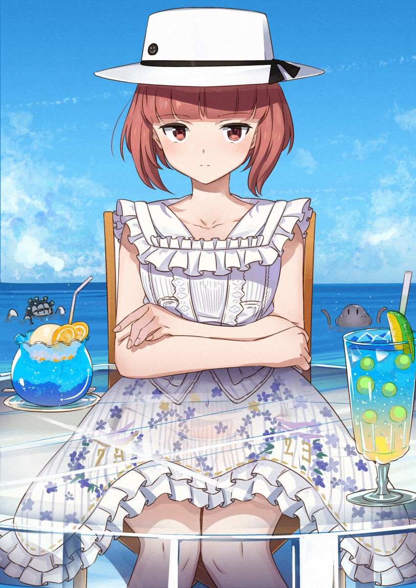 1girl absurdres alternate_costume bangs beach blunt_bangs blush brown_eyes brown_hair chair closed_mouth cloud condensation_trail crossed_arms cup day dress drinking_straw enemy_naval_mine_(kancolle) eyebrows_visible_through_hair floral_print frilled_dress frills hat highres kanmiya_shinobu kantai_collection looking_at_viewer mars_people metal_slug ocean outdoors short_hair sitting sky table tentacles tropical_drink white_dress white_headwear z3_max_schultz_(kancolle)