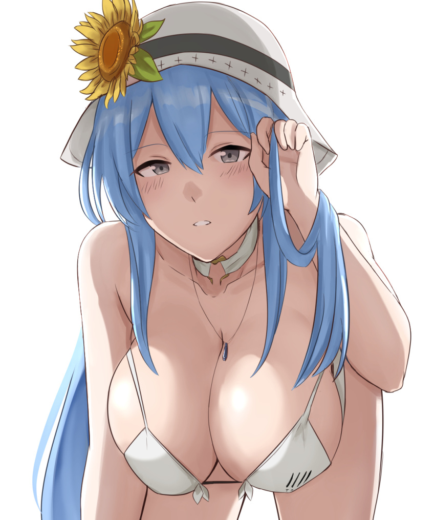 1girl bare_shoulders bikini blue_hair blush breasts cleavage collarbone cyka dp-12_(girls'_frontline) eyebrows_visible_through_hair flower_hat girls'_frontline grey_eyes hand_in_hair hat highres huge_breasts jewelry large_breasts leaning_forward long_hair looking_at_viewer necklace solo swimsuit white_background white_bikini white_headwear