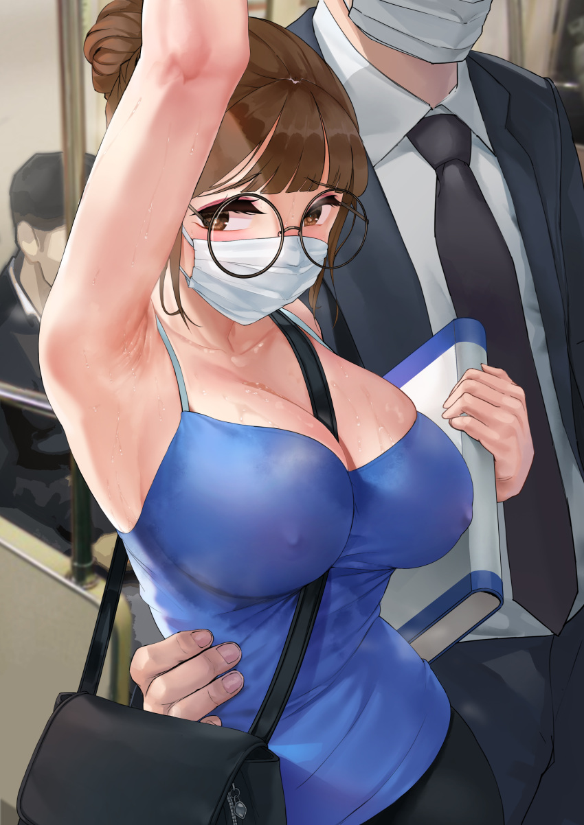 1boy 1girl absurdres arm_up armpits bag bangs between_breasts blue_camisole book breasts brown_eyes brown_hair camisole chikan cleavage collarbone commentary_request covered_nipples eyelashes eyeliner formal furrowed_brow glasses hair_bun handbag hetero highres holding holding_book large_breasts makeup mask mouth_mask mute_(mute89539160) necktie nervous original salaryman skindentation spaghetti_strap strap_between_breasts suit sweat sweating_profusely sweaty_clothes torso_grab train_interior upper_body