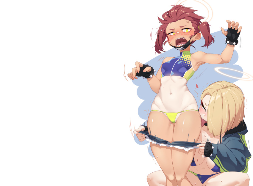 2girls bikini blonde_hair blue_archive blush breasts dev gloves hoodie orange_eyes red_hair short_hair shorts skintight spread_legs swimsuit tagme_(character) tan_lines twintails white yellow_eyes yuri