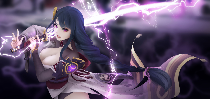 1girl absurdres armor bangs braid breasts bridal_gauntlets cleavage commentary electricity english_commentary eyebrows_visible_through_hair from_side genshin_impact hair_ornament highres holding holding_sword holding_weapon japanese_clothes katana kimono large_breasts long_hair looking_at_viewer mole mole_under_eye open_mouth purple_eyes purple_hair raiden_(genshin_impact) ribbon sash shoulder_armor solo sunmoony sword symbol_commentary tassel tomoe_(symbol) weapon wide_sleeves