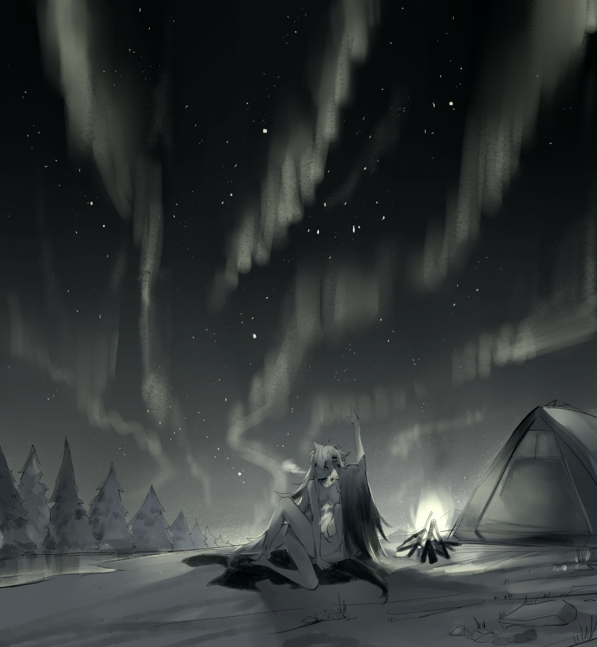2girls animal_ears arknights arm_support aurora bangs blanket breasts breath camping completely_nude fire greyscale hair_ornament hairclip highres implied_futanari kneeling lappland_(arknights) light_particles long_hair looking_away medium_breasts meng_ziya monochrome multiple_girls night nude outdoors pointing pointing_up river scar scar_across_eye sitting sky star_(sky) starry_sky symbol_commentary tail tent texas_(arknights) tree wide_shot wolf_ears wolf_tail yuri