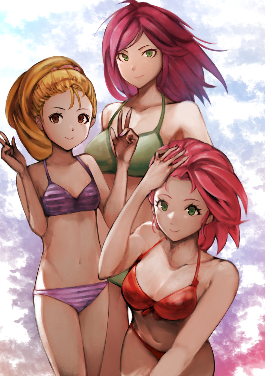 3girls bikini blonde_hair breasts chienon cleavage closed_mouth collarbone faris_scherwiz final_fantasy final_fantasy_v green_bikini green_eyes hair_ornament hair_scrunchie highres krile_mayer_baldesion large_breasts lenna_charlotte_tycoon multiple_girls navel pink_hair ponytail purple_bikini purple_hair red_bikini scrunchie short_hair small_breasts smile striped striped_bikini swimsuit