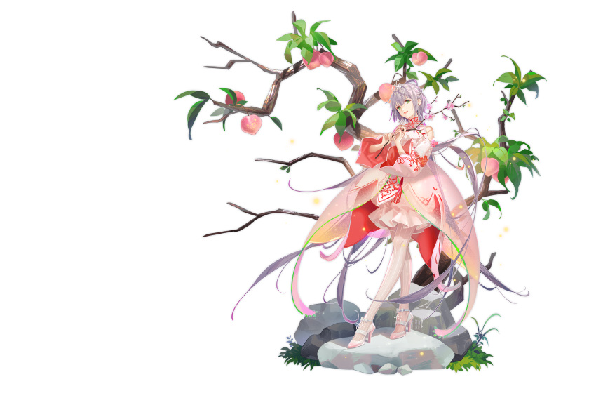 chinese_clothes dress flowers food fruit grass green_eyes lolita_fashion long_hair luo_tianyi pantyhose purple_hair see_through tidsean tree vocaloid vsinger white