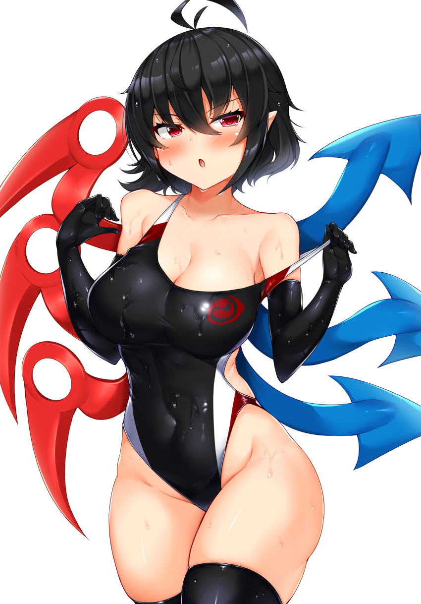 1girl ahoge alternate_costume asymmetrical_wings bangs bare_shoulders black_gloves black_hair black_legwear black_swimsuit blue_wings blush breasts cleavage clothes_pull cowboy_shot elbow_gloves eyebrows_visible_through_hair gloves groin hair_between_eyes highres houjuu_nue large_breasts looking_at_viewer navel one-piece_swimsuit open_mouth pointy_ears red_eyes red_wings short_hair simple_background solo standing sweat swimsuit swimsuit_pull thighhighs thighs tokoya_(ex-hetare) touhou white_background wings