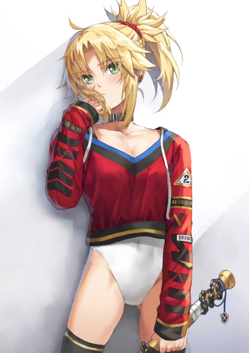 1girl bangs blonde_hair braid breasts closed_mouth collar commentary_request fate/apocrypha fate_(series) french_braid green_eyes hair_ornament hair_scrunchie highres leotard long_hair long_sleeves looking_at_viewer mordred_(fate) mordred_(fate)_(all) parted_bangs ponytail red_sweater scrunchie small_breasts sweater thighs tonee white_leotard