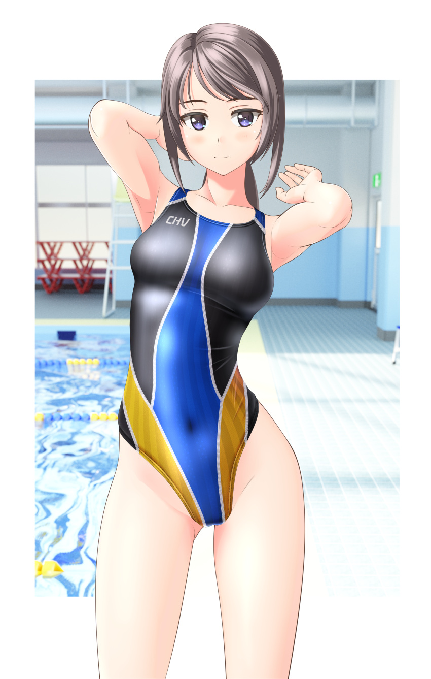 1girl absurdres blue_eyes breasts clothes_writing competition_swimsuit contrapposto covered_navel cowboy_shot grey_hair highleg highleg_swimsuit highres indoors lane_line long_hair looking_at_viewer medium_breasts multicolored multicolored_clothes multicolored_swimsuit one-piece_swimsuit original pool poolside sidelocks solo standing swimsuit takafumi