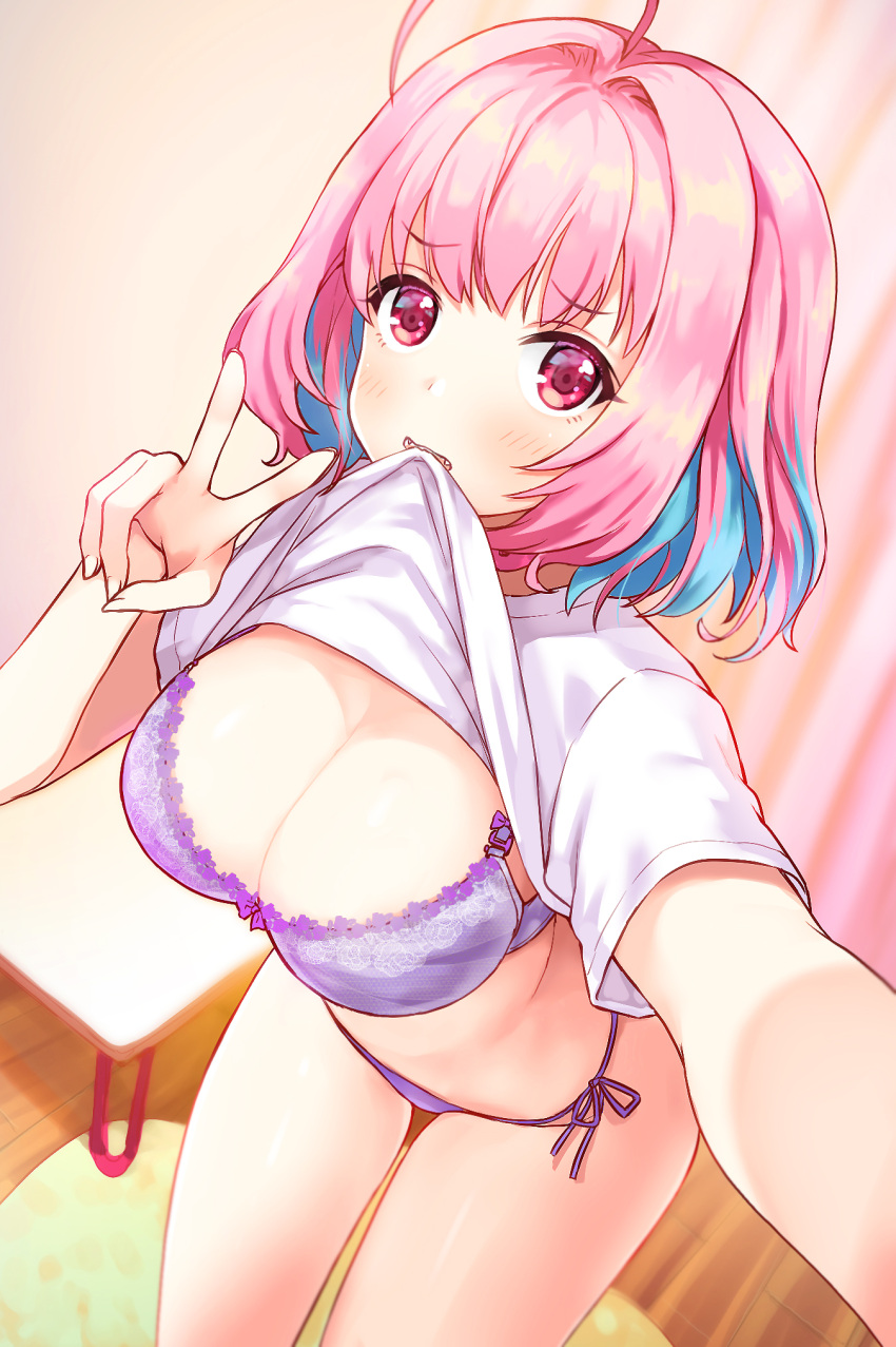 1girl blue_hair bra breasts cleavage clothes_lift cowboy_shot eyebrows_visible_through_hair highres idolmaster idolmaster_cinderella_girls juke lace-trimmed_bra lace_trim large_breasts mouth_hold multicolored_hair panties pink_hair purple_bra purple_panties shirt shirt_lift short_hair short_sleeves side-tie_panties solo standing teeth two-tone_hair underwear v white_shirt yumemi_riamu
