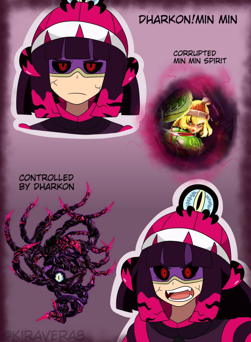 alternate_color alternate_eye_color alternate_hair_color angry arms_(game) beanie black_sclera blonde_hair colored_sclera corruption crossover dark_persona dharkon glowing glowing_eyes hal_laboratory hat highres kiravera8 looking_at_viewer mask min_min_(arms) nintendo possessed purple_mask short_hair super_smash_bros. watermark