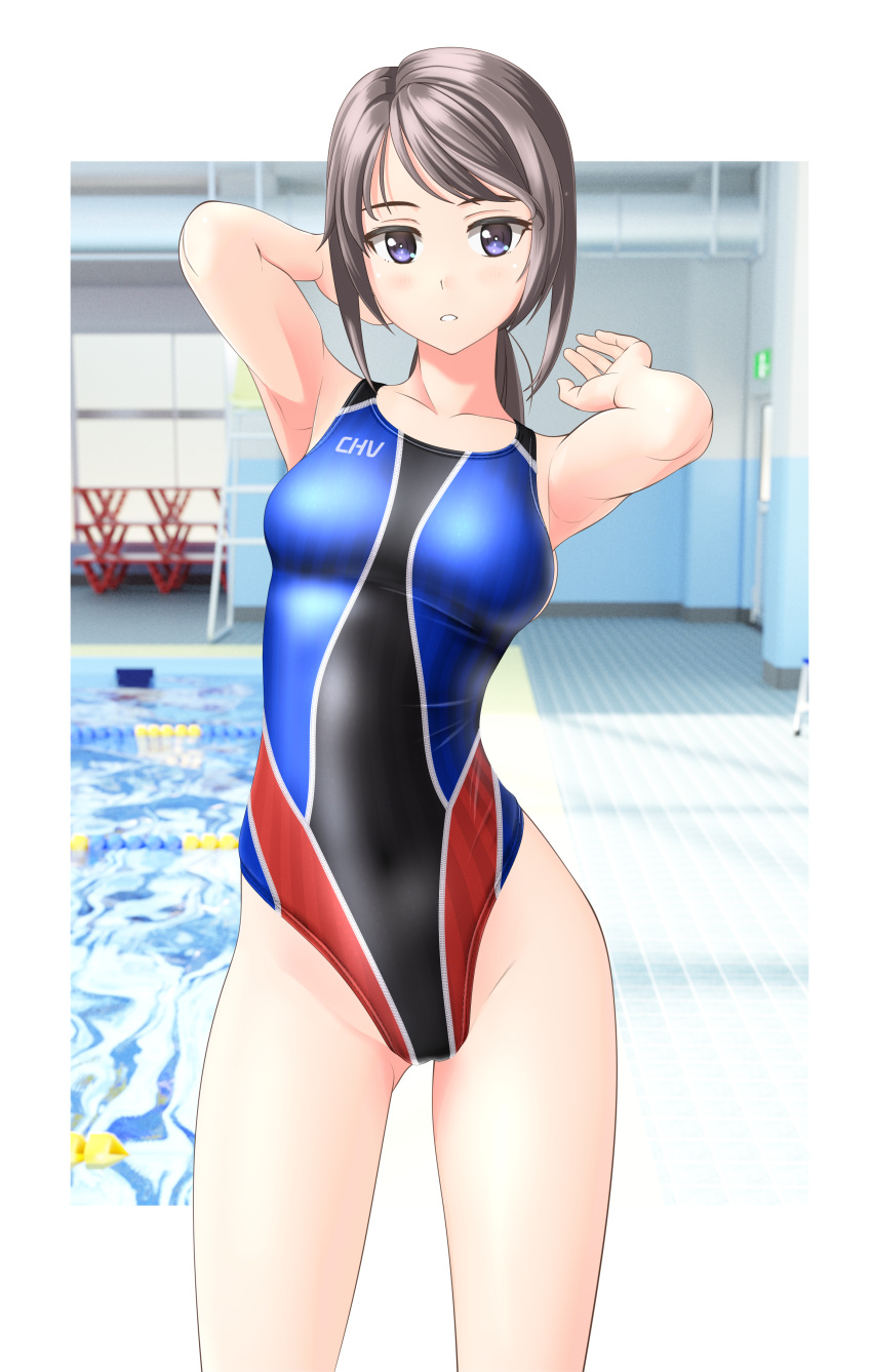 1girl absurdres blue_eyes breasts clothes_writing competition_swimsuit contrapposto covered_navel cowboy_shot grey_hair highleg highleg_swimsuit highres indoors lane_line long_hair looking_at_viewer medium_breasts multicolored multicolored_clothes multicolored_swimsuit one-piece_swimsuit original pool poolside sidelocks solo standing swimsuit takafumi