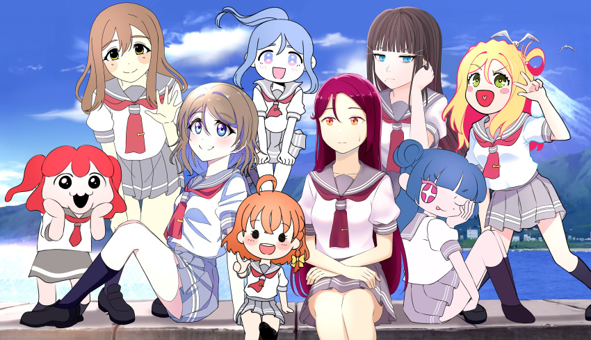 6+girls absurdres black_hair blonde_hair blue_hair blue_sky brown_hair chibi cloud heart heart_in_mouth highres kunikida_hanamaru kurosawa_dia kurosawa_ruby love_live! love_live!_sunshine!! matsuura_kanan mount_fuji multiple_girls ocean ohara_mari one_eye_closed open_mouth orange_hair parody purple_hair red_hair sakurauchi_riko school_uniform ska.harumi sky smile style_parody takami_chika tsushima_yoshiko uranohoshi_school_uniform watanabe_you