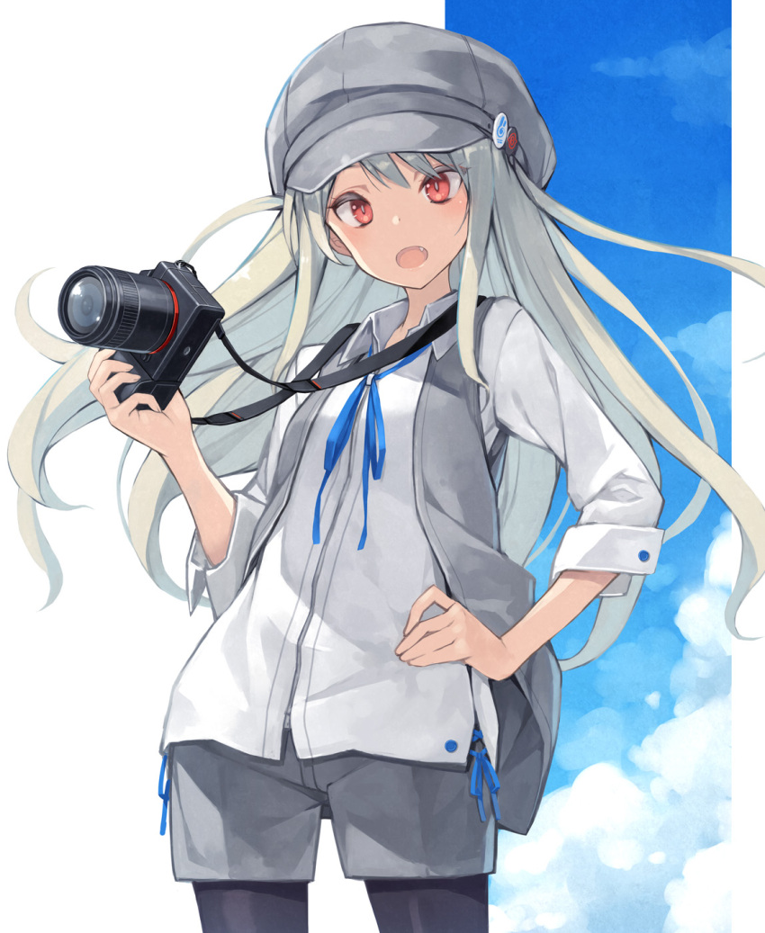 1girl bangs blue_ribbon cabbie_hat camera contrapposto cowboy_shot fang grey_shorts grey_vest hand_on_hip hat highres holding long_hair looking_at_viewer open_mouth original pantyhose poco_(asahi_age) red_eyes ribbon shirt shorts single-lens_reflex_camera sky solo standing vest white_background white_hair white_shirt wing_collar yukimi_(poco) zipper