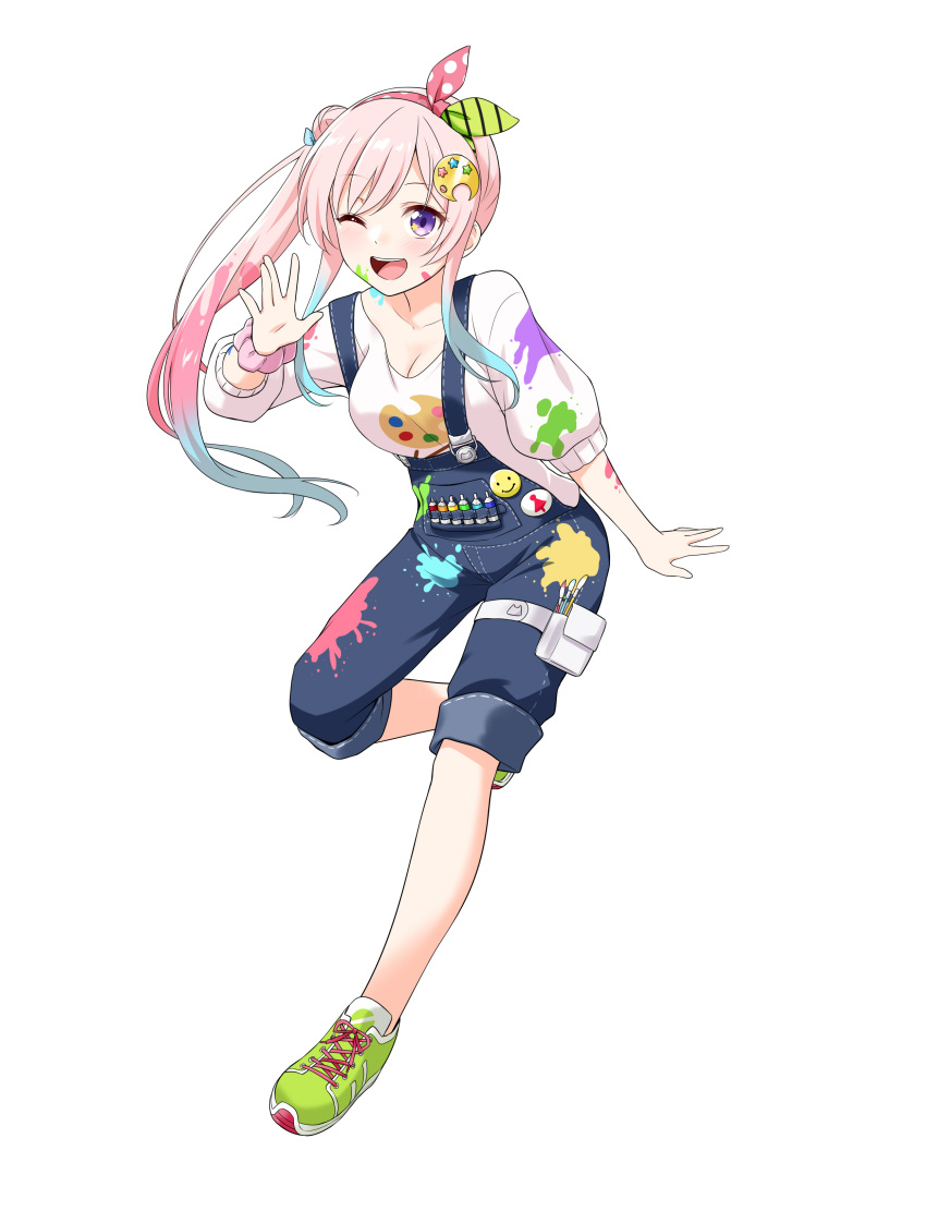 1girl ;d absurdres airani_iofifteen bangs blue_hair felutiahime gradient_hair hair_ornament highres hololive long_hair long_sleeves looking_at_viewer multicolored_hair one_eye_closed open_mouth overalls paint_on_face paint_splatter palette palette_hair_ornament pink_hair purple_eyes shoes side_bun side_ponytail smile sneakers solo standing standing_on_one_leg star_(symbol) star_in_eye swept_bangs symbol_in_eye upper_teeth virtual_youtuber