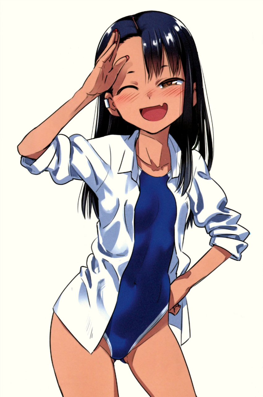 1girl 774_(nanashi) ;d absurdres artbook asymmetrical_bangs bangs black_hair contrapposto cowboy_shot dark-skinned_female dark_skin ear_clip highres ijiranaide_nagatoro-san nagatoro_hayase official_art one-piece_swimsuit one_eye_closed open_clothes open_mouth open_shirt salute scan shirt simple_background smile solo swimsuit white_background white_shirt