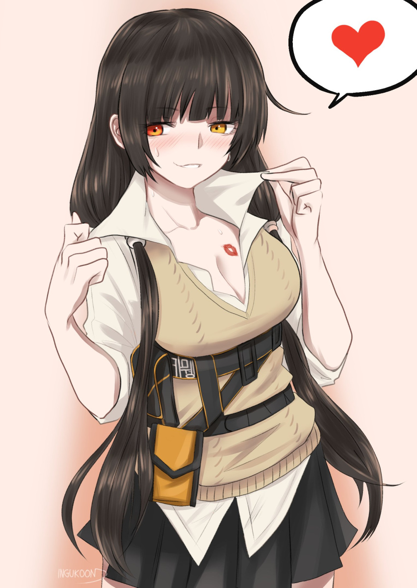 1girl ammunition_pouch bangs black_skirt blush braid breasts brown_hair cleavage girls'_frontline hair_between_eyes heart heterochromia highres ingukoon kiss long_hair pouch red_eyes ro635_(girls'_frontline) skirt sleeves_rolled_up smile solo speech_bubble sweat teeth twin_braids yellow_eyes