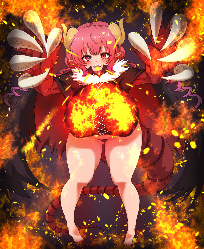 barefoot black_panties breasts breathing_fire cape commentary_request dragon_claw dragon_horns fire highres horns huge_breasts ilulu_(maidragon) kobayashi-san_chi_no_maidragon open_mouth panties red_eyes sharp_teeth sho_(wnmf3234) slit_pupils tail teeth underwear