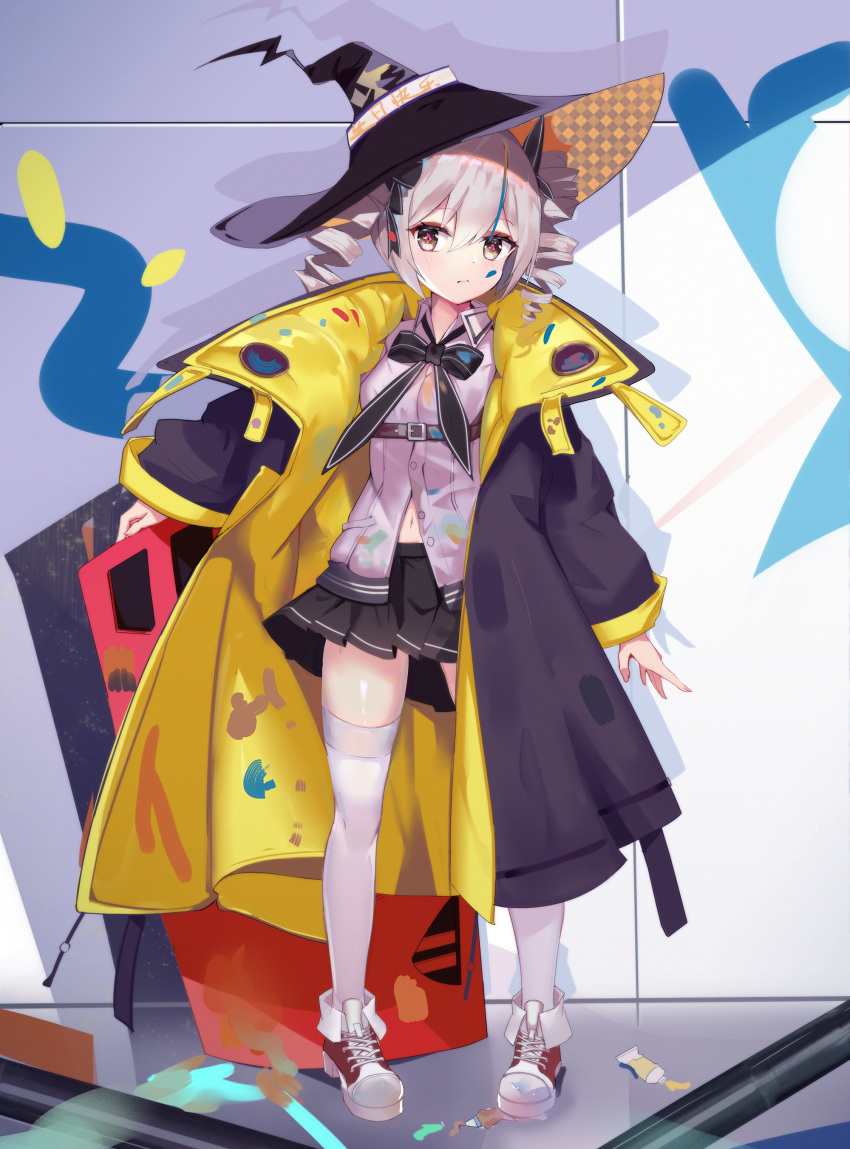 1girl :i absurdres bangs black_coat black_headwear black_skirt bow bowtie bronya_zaychik closed_mouth coat dirty dirty_clothes dirty_face drill_hair full_body graffiti grey_eyes grey_hair hair_between_eyes hat highres holding honkai_(series) honkai_impact_3rd long_sleeves looking_at_viewer messy navel paint paint_splatter red_footwear shadow shirt shoes skirt sneakers solo standing thighhighs twin_drills white_legwear white_shirt witch_hat zettai_ryouiki zhongwu_chahui