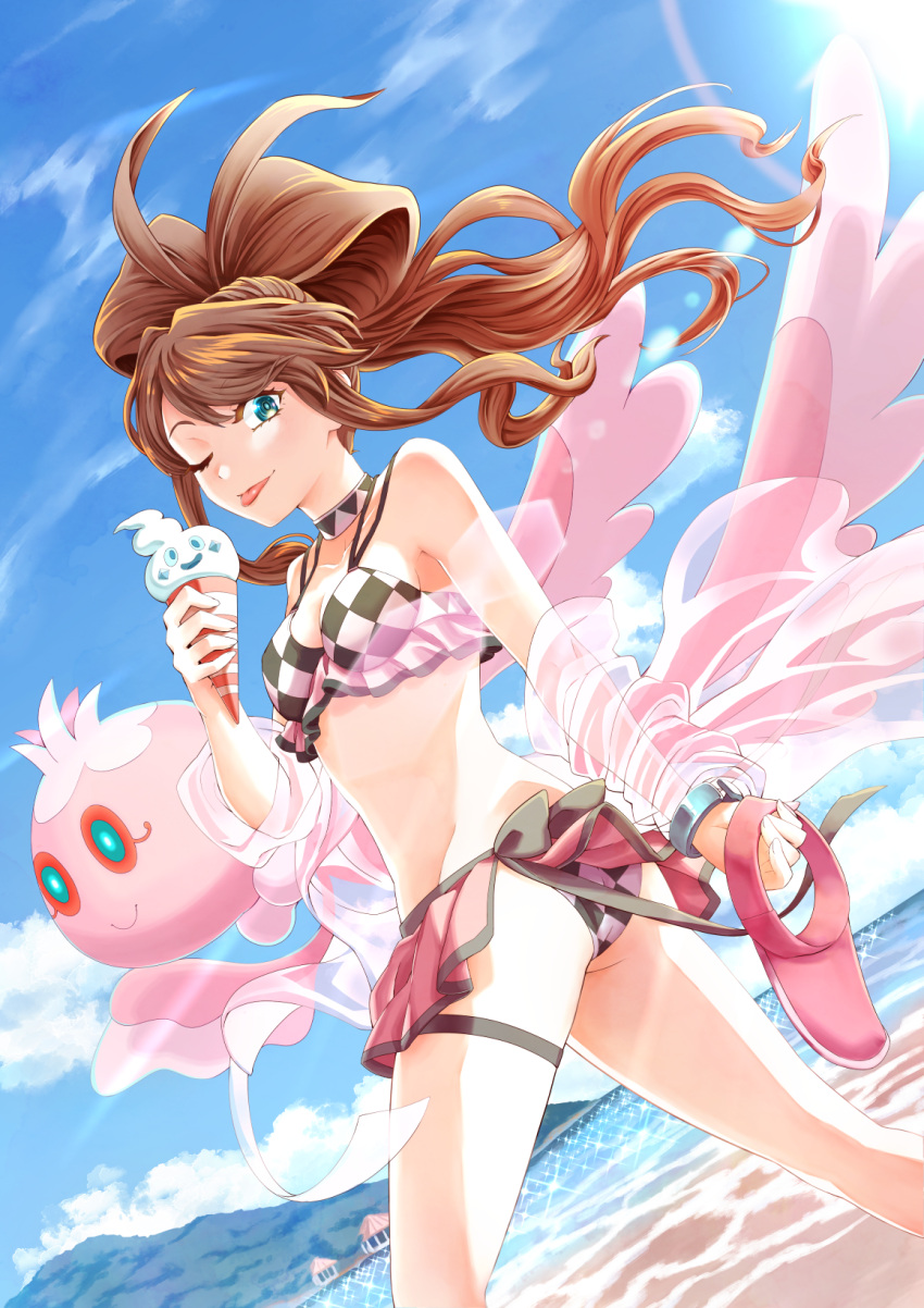 1girl alternate_costume antenna_hair bangs bikini bracelet breasts brown_hair casteliacone checkered checkered_bikini choker cloud commentary_request day eyelashes floating_hair food frillish frillish_(female) gen_5_pokemon green_eyes highres hilda_(pokemon) holding ice_cream ice_cream_cone jewelry long_hair looking_at_viewer one_eye_closed outdoors pokemon pokemon_(creature) pokemon_(game) pokemon_bw ryuusei_(trickster) sand shore sidelocks sky smile sparkle swimsuit tongue tongue_out water