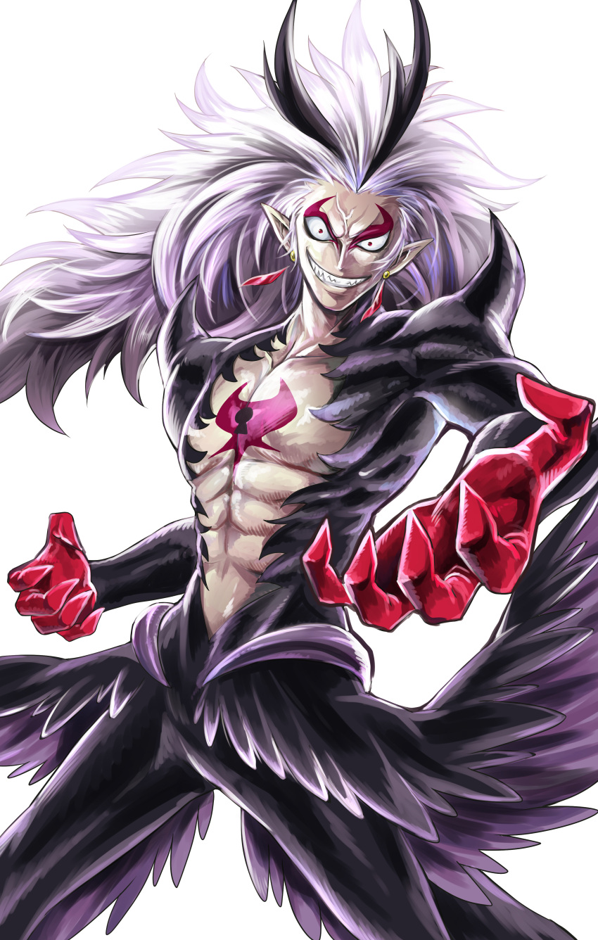 1boy abs absurdres black_hair bodysuit close_(go!_princess_precure) earrings evil_grin evil_smile fingernails go!_princess_precure grin highres jewelry keyhole long_hair male_focus multicolored_hair muscular muscular_male pointy_ears precure red_eyes sharp_fingernails sharumon skin_tight smile solo streaked_hair toned toned_male veins white_hair