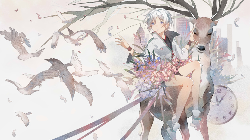 1girl absurdres antlers bird black_shorts blue_eyes blue_flower building chinese_commentary cityscape clock coat commentary deer falling_feathers feathers flower highres parted_lips pink_flower riding short_hair shorts sitting skyscraper solo tadatsu vocaloid vsinger white_coat white_hair wristband yanhe