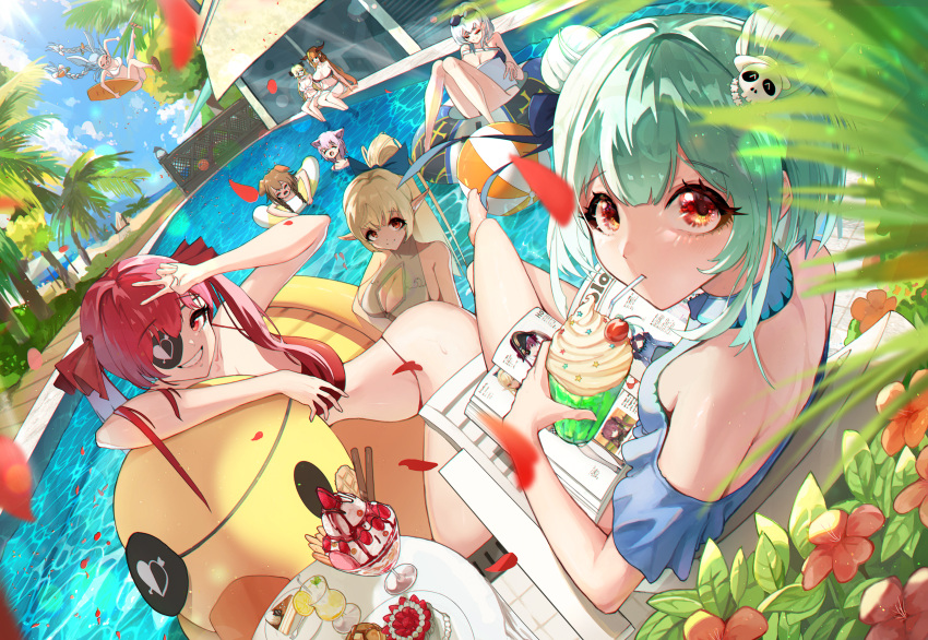 6+girls absurdres animal_ears aqua_hair bangs bare_shoulders bikini blonde_hair blue_bow blue_sky book bow breasts brown_hair bunny_ears cake cat_ears cleavage_cutout clothing_cutout cloud dark_skin day dog_ears double_bun drinking_straw elf english_commentary eyebrows_visible_through_hair eyewear_on_head falling_petals flat_chest flip-flops food fruit grin hair_bow hair_ornament highres holding holding_book holding_surfboard hololive houshou_marine huge_filesize ice_cream ice_cream_float inflatable_duck inflatable_raft inflatable_toy inugami_korone josal kiryu_coco large_breasts long_hair looking_at_viewer medium_hair melon_soda multiple_girls nekomata_okayu ocean outdoors palm_tree parfait petals pointy_ears ponytail pool poolside purple_hair red_eyes red_hair rose_petals sandals shiranui_flare shirogane_noel short_hair sidelocks silver_hair skull_hair_ornament sky small_breasts smile strawberry strawberry_shortcake sunglasses surfboard swimsuit teeth tree tsunomaki_watame twintails uruha_rushia usada_pekora very_long_hair virtual_youtuber