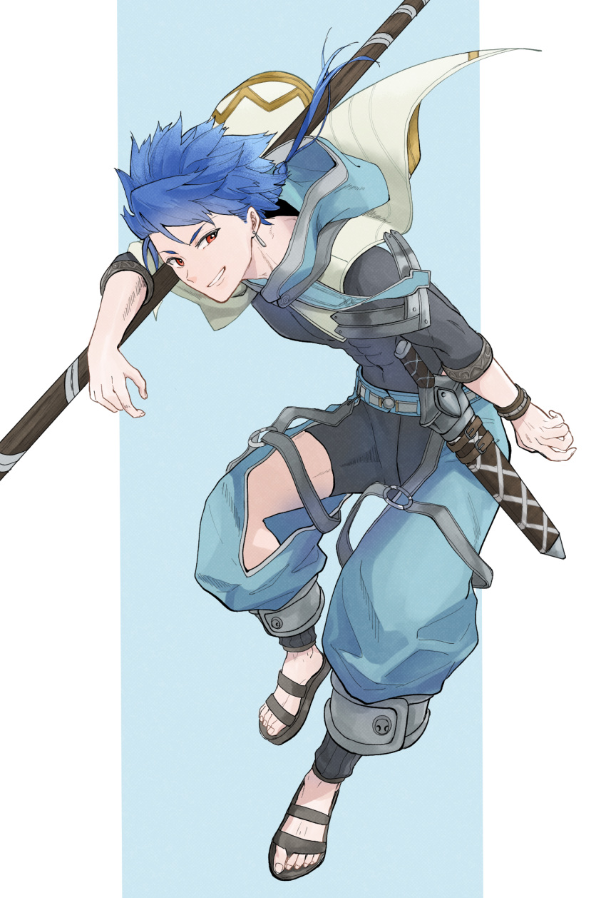 1boy asymmetrical_bangs asymmetrical_clothes bangs belt blue_hair bodysuit bodysuit_under_clothes braid braided_ponytail capelet cu_chulainn_(fate)_(all) dagger earrings fate/grand_order fate/grand_order_arcade fate_(series) floating_hair grin highres hood hood_down jewelry knife long_hair looking_at_viewer male_focus muscular muscular_male ponytail puffy_pants red_eyes sandals scabbard setanta_(fate) sheath simple_background skin_tight smile solo spiked_hair staff takahasu_kaoru weapon