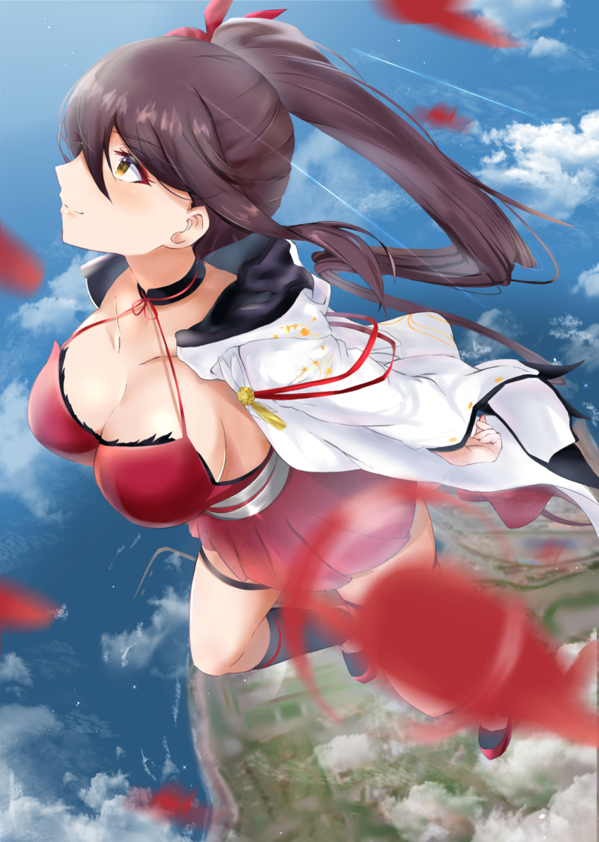 1girl absurdly_long_hair aircraft azur_lane blurry blurry_foreground breasts cleavage dress flying full_body high_ponytail highres japanese_clothes kimono large_breasts long_hair open_clothes open_kimono outdoors red_dress ryo._(okame124) short_dress solo very_long_hair water white_kimono yellow_eyes zuikaku_(azur_lane)