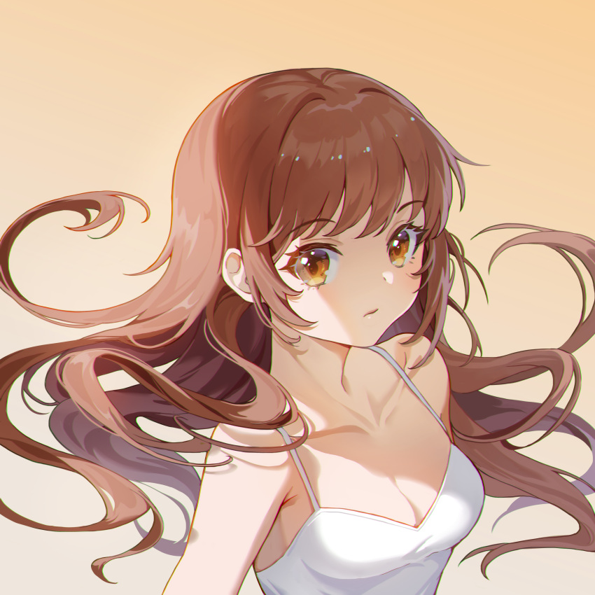 1girl absurdres bare_shoulders breasts brown_eyes brown_hair camisole cleavage closed_mouth collarbone gradient_background highres long_hair looking_at_viewer maoshinian1 medium_breasts original sleeveless solo upper_body yellow_background