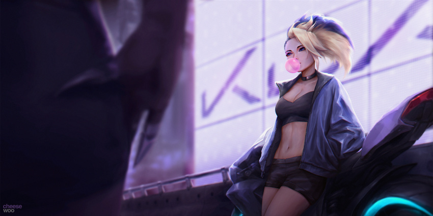 1girl akali artist_name black_hair black_shorts blonde_hair blue_eyes breasts cheesewoo1 chewing_gum choker cleavage crop_top ground_vehicle highres jacket k/da_(league_of_legends) league_of_legends leaning_on_object looking_at_another medium_breasts midriff motor_vehicle motorcycle multicolored_hair navel on_vehicle open_clothes open_jacket ponytail shorts solo_focus the_baddest_akali thighs two-tone_hair
