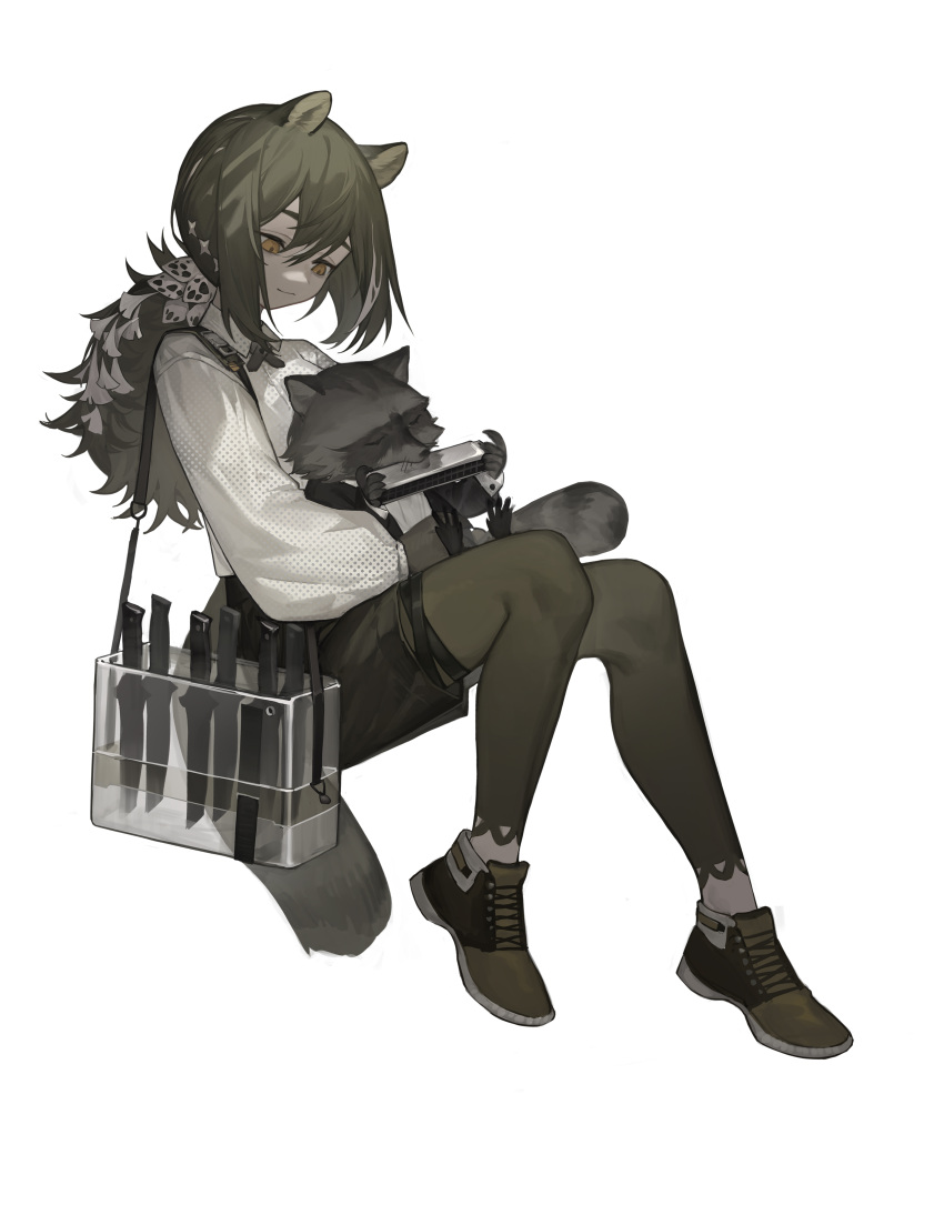 1girl absurdres animal animal_ears animal_on_lap arknights bag bangs black_jacket black_shorts brown_eyes brown_footwear brown_hair brown_legwear closed_mouth clothed_animal collared_shirt full_body hair_between_eyes harmonica highres instrument invisible_chair jacket knife leggings long_hair long_sleeves looking_at_animal music playing_instrument polka_dot polka_dot_shirt puffy_long_sleeves puffy_sleeves raccoon raccoon_ears raccoon_girl raccoon_tail robin_(arknights) shirt shoes shorts shoulder_bag simple_background sitting solo ta_shi_chule_zhan_hou tail white_background white_shirt