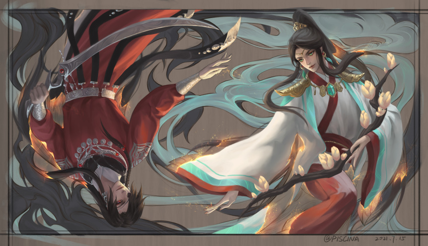 2boys absurdres aqua_eyes artist_name black_hair chinese_clothes circlet dated dreamingpool earrings eyepatch highres holding holding_sword holding_weapon hua_cheng jewelry long_hair looking_at_another male_focus multiple_boys red_hair sword tian_guan_ci_fu weapon xie_lian