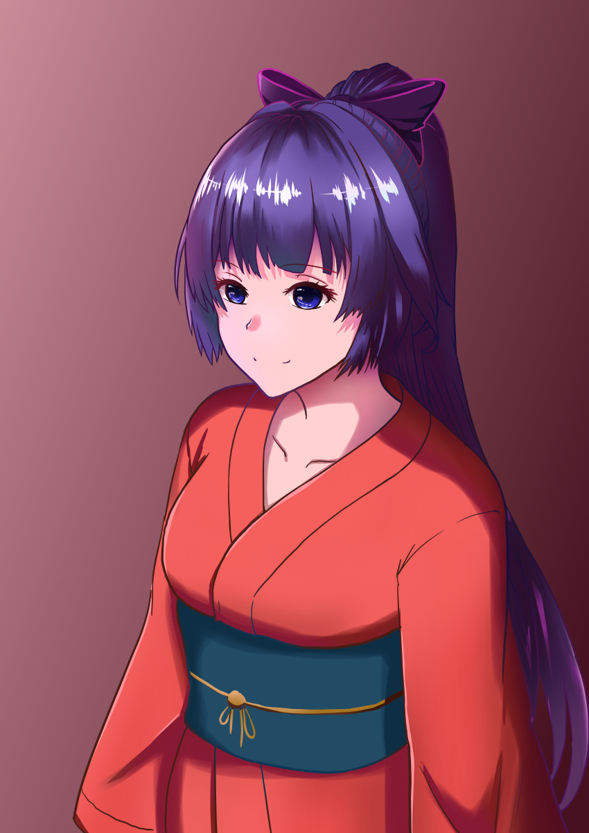 1girl absurdres bangs breasts closed_mouth defaultkavy hair_between_eyes hair_ribbon highres honkai_(series) honkai_impact_3rd japanese_clothes kimono long_hair looking_at_viewer ponytail purple_background purple_eyes purple_hair raiden_mei red_kimono ribbon smile solo yukata