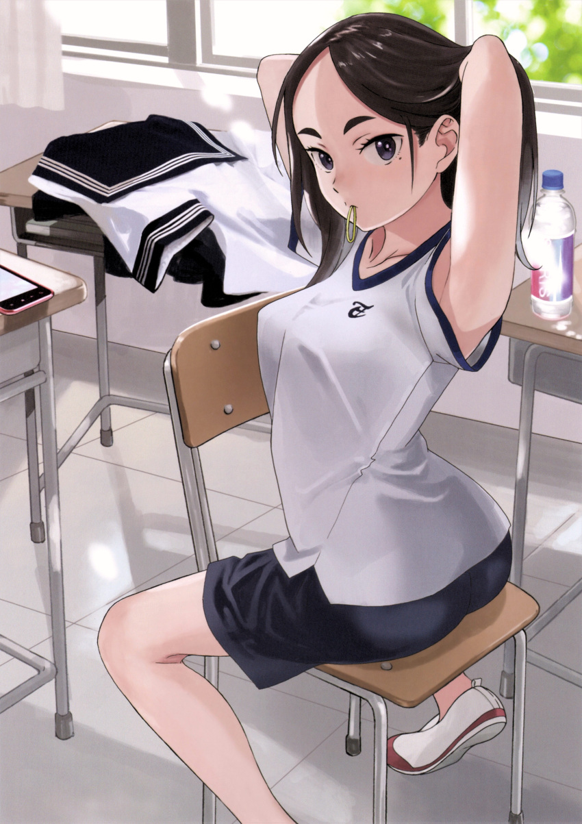 1girl absurdres arai_kei bottle brown_hair classroom doujinshi forehead from_side highres long_hair looking_at_viewer looking_to_the_side mole mole_under_eye mouth_hold original purple_eyes scan school school_uniform shoes sitting sitting_backwards solo thick_eyebrows toranoana tying_hair water_bottle white_footwear