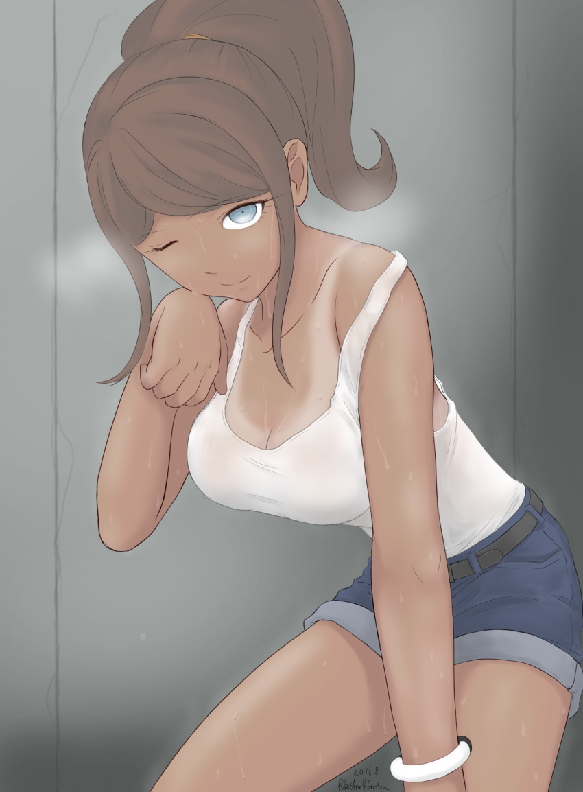 1girl asahina_aoi belt black_belt blue_eyes brown_hair danganronpa:_trigger_happy_havoc danganronpa_(series) danganronpa_3_(anime) dark_skin denim denim_shorts dripping hand_on_own_knee highres leaning_forward looking_at_viewer one_eye_closed ponytail robotarm4erotica see-through shorts sweat tan tank_top tanlines wet wet_clothes white_tank_top wiping_face wiping_sweat