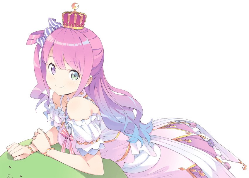 1girl bare_shoulders bracelet candy_hair_ornament closed_mouth crown dress food-themed_hair_ornament gradient_hair green_eyes hair_ornament hair_rings heterochromia himemori_luna hololive jewelry kanzaki_hiro long_hair looking_at_viewer multicolored_hair off-shoulder_dress off_shoulder one_side_up pink_dress pink_hair princess purple_eyes purple_hair short_dress smile solo spaghetti_strap virtual_youtuber wavy_hair